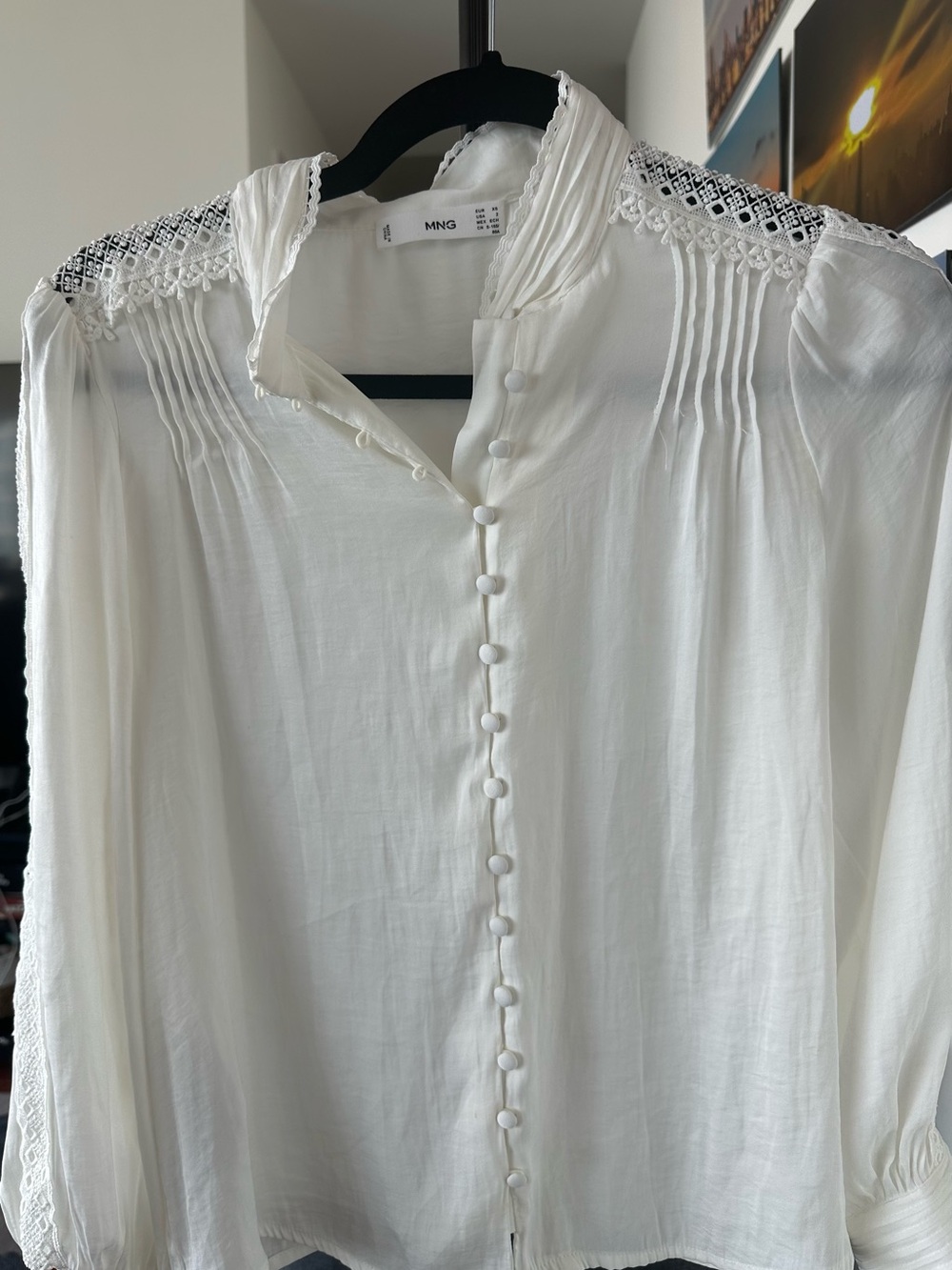 Mango White Lace-Yoke Pintuck Button Blouse